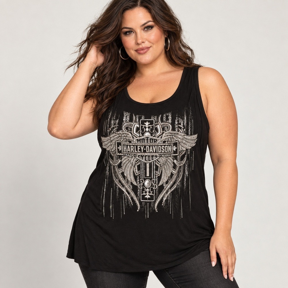 Harley-Davidson Rhinestone Winged Graphic Tank Top Womens 1XL Black HT4166